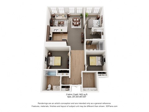 Floor plan for 3 beds, 2 baths, 1402 sqft